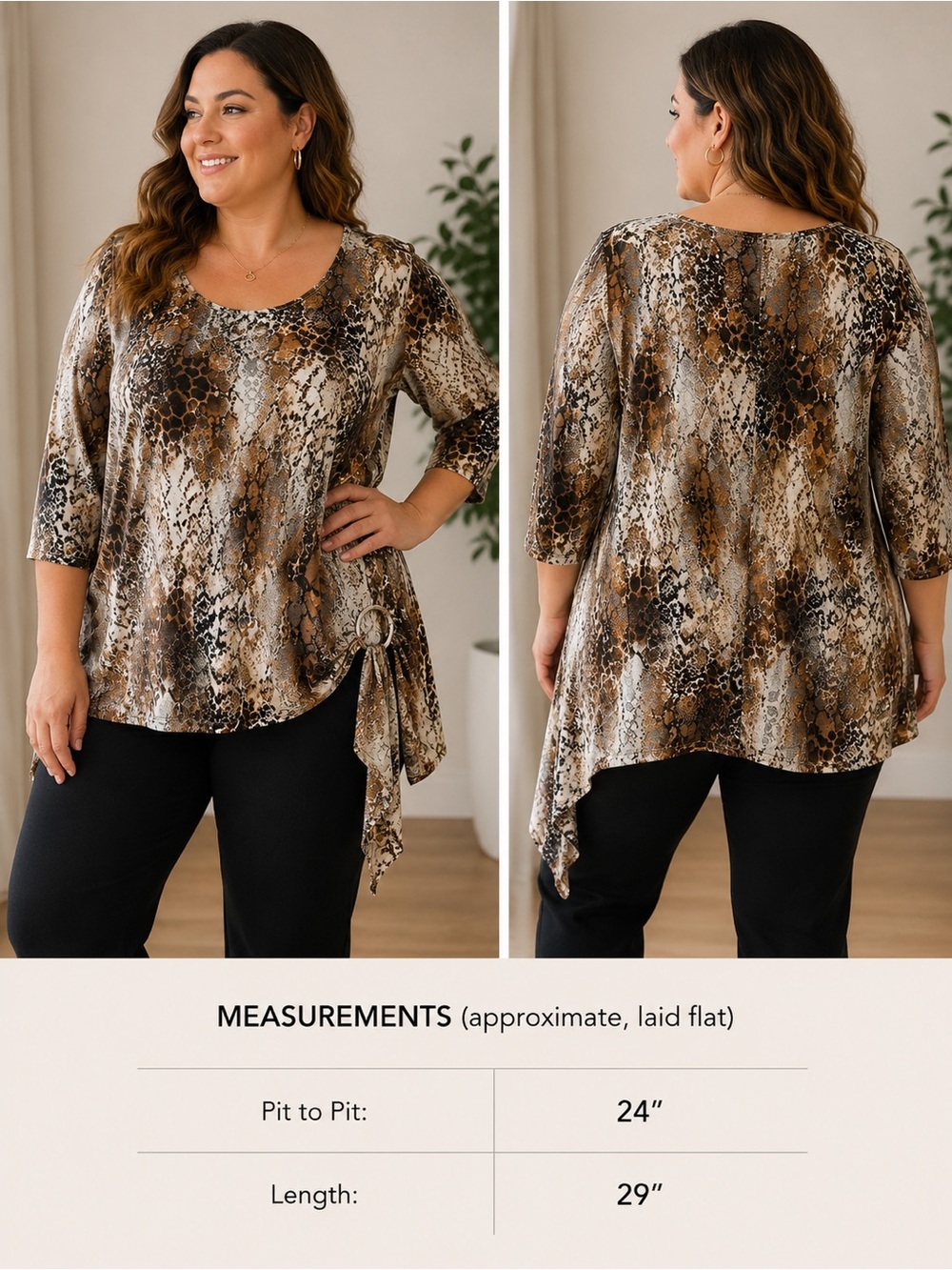 Made in Canada 1X Animal Print Asymmetrical Tunic Top Brown Beige Plus Size